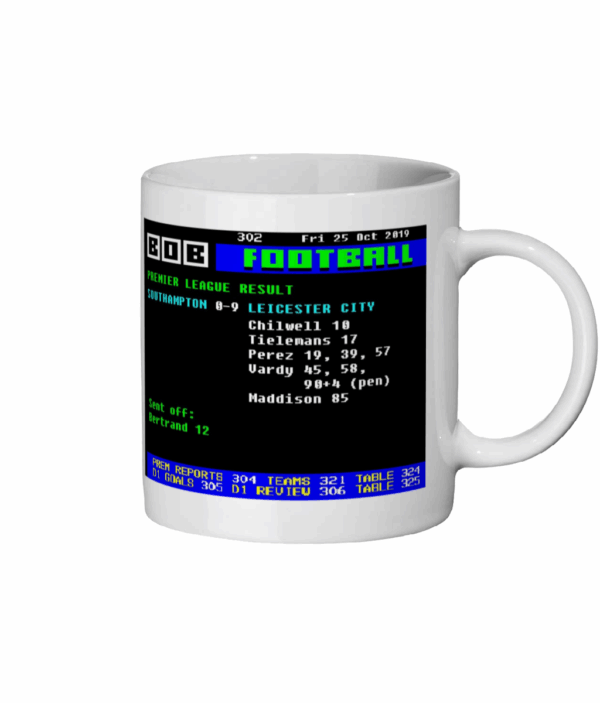 Southampton 0 v 9 Leicester 2019 Ceefax Style Mug left