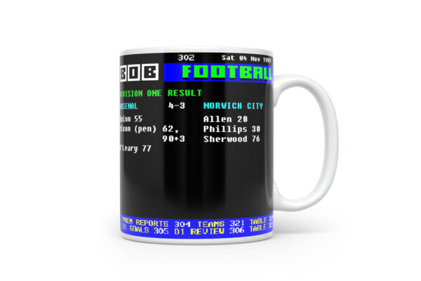 Arsenal 4-3 Norwich 4/11/1989 City Retro Ceefax Style Mug